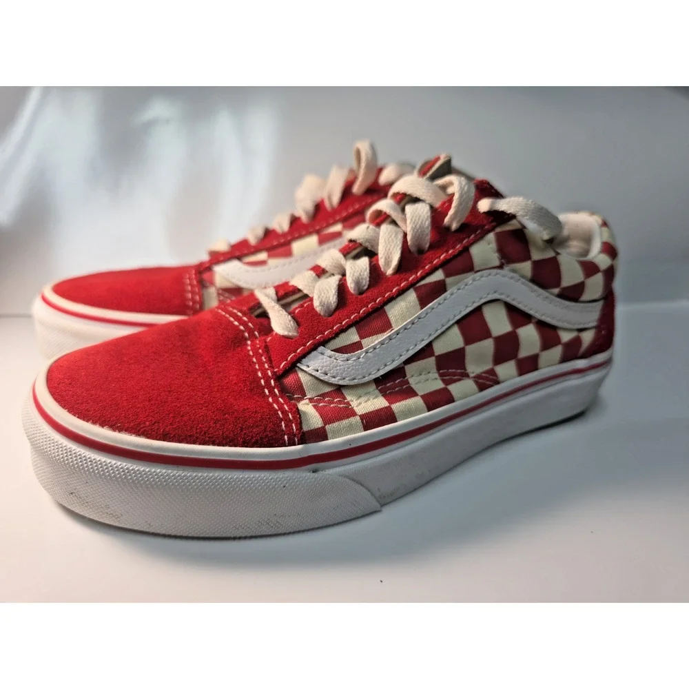 Vans Womens Old Skool Primary Checkerboard Racing Red White Suede Shoes Size 5.5